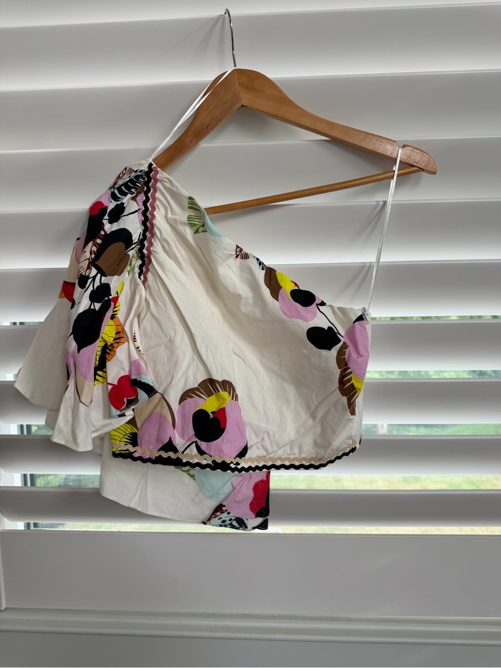 One-Shoulder Floral Crop Top in Cream with Multi-Color Print
